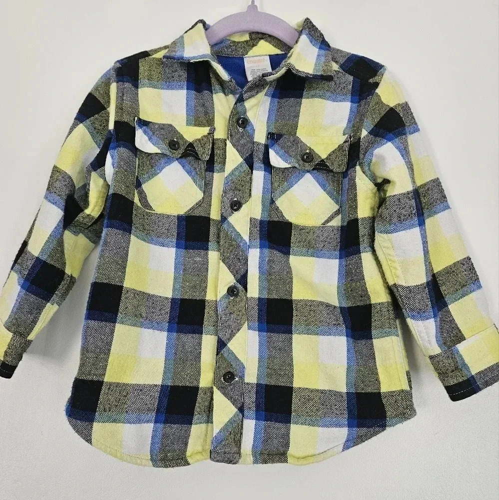 Gymboree Boys Plaid Flannel Shirt Yellow Blue Black Long Sleeve Size 2T